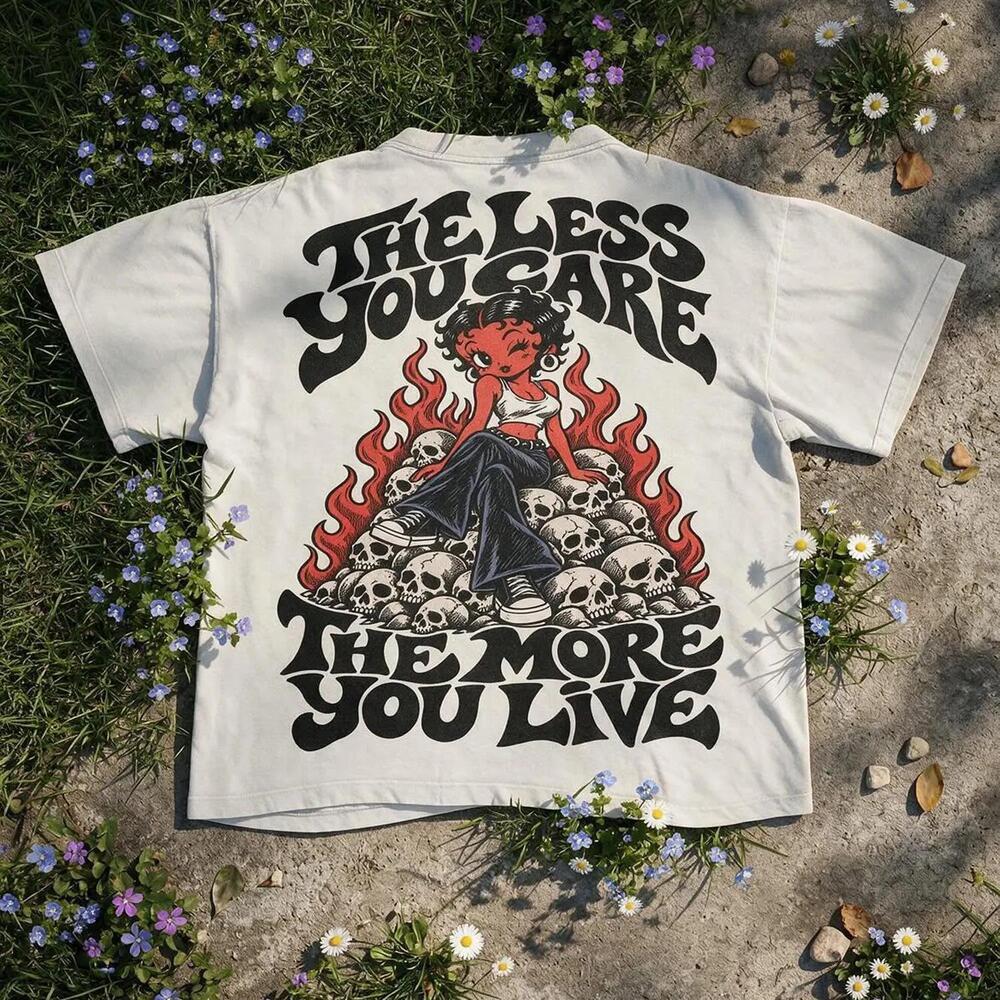 The Less You Care The More You Live Shirt, Retro Grunge Skeleton T-Shirt